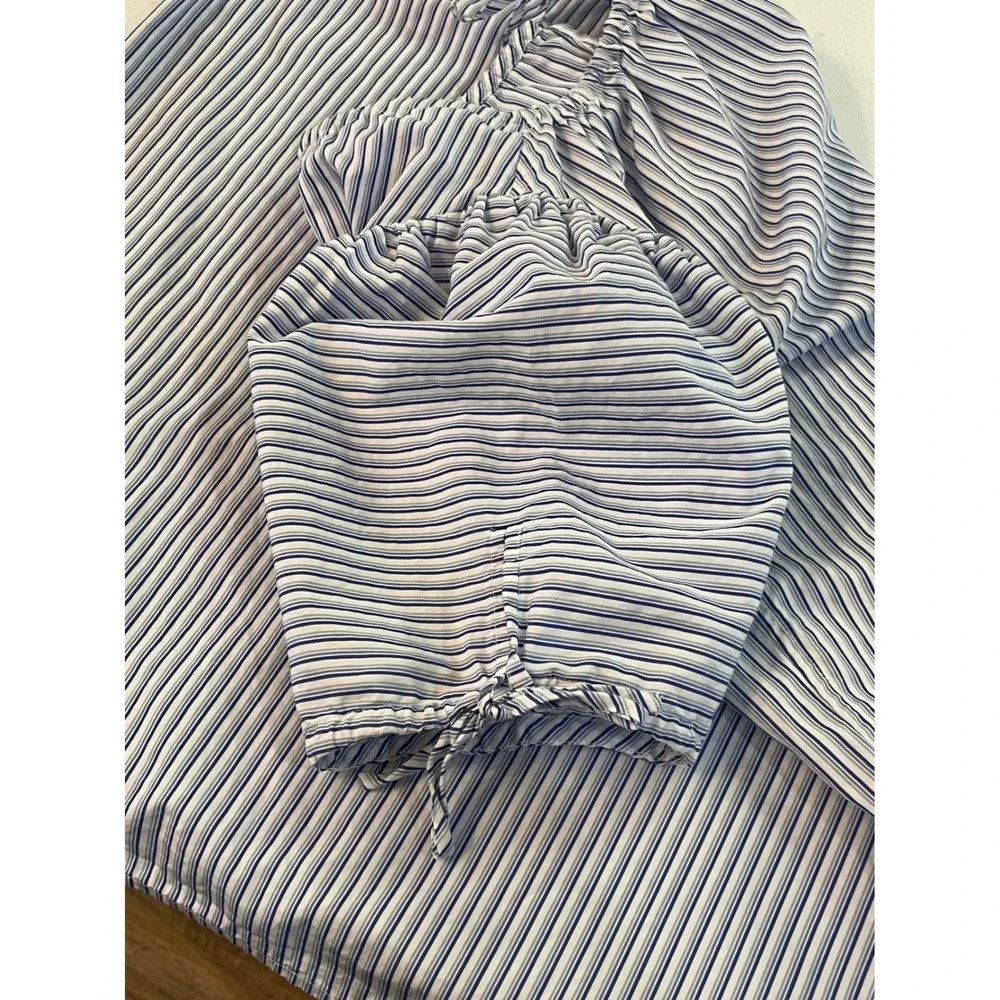 Tory Burch Striped Peasant Blouse XS Blue White Womens Puff Sleeve Tie Excellent